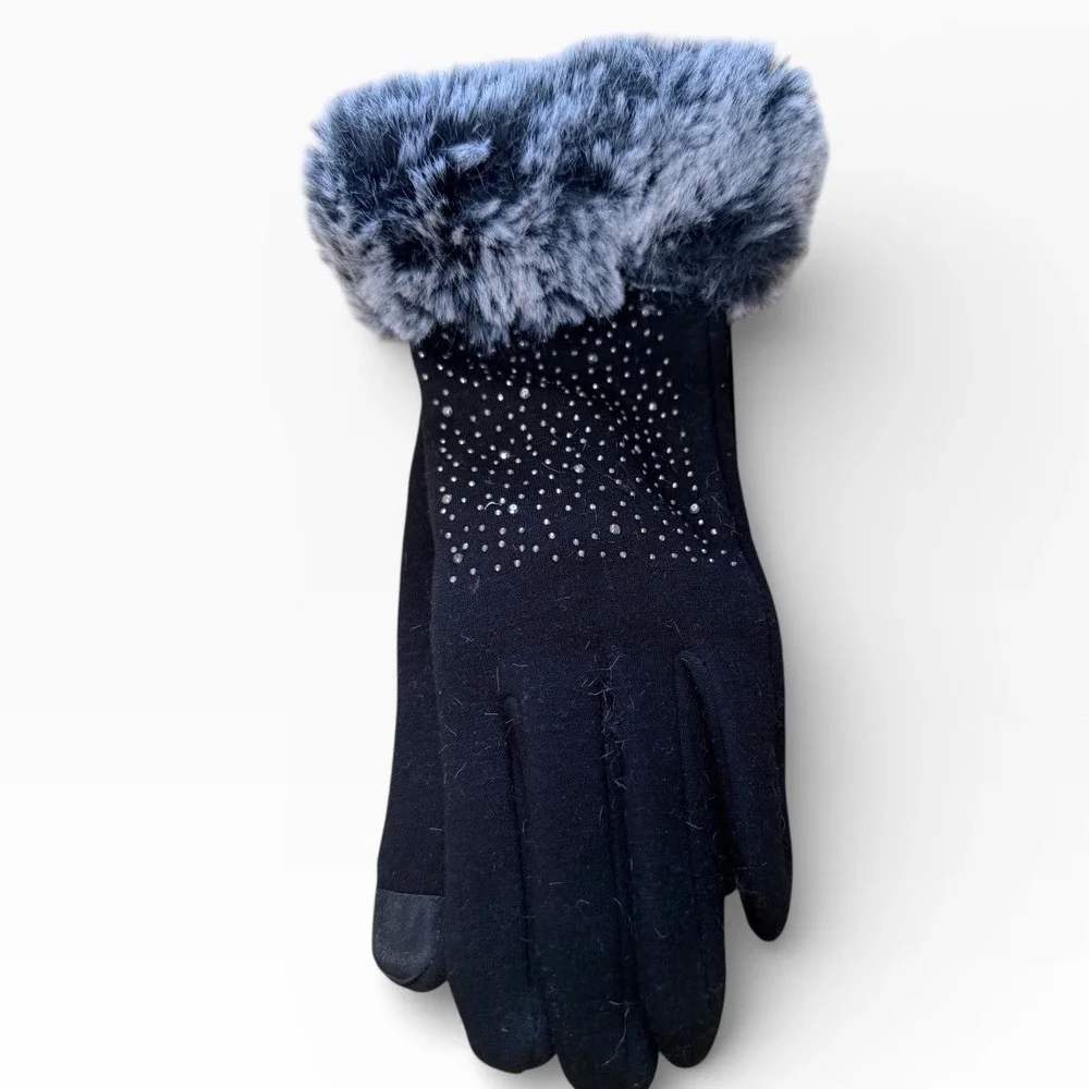 Black Faux Fur Trimmed Rhinestone Gloves Winter Warm Fashion Accessories